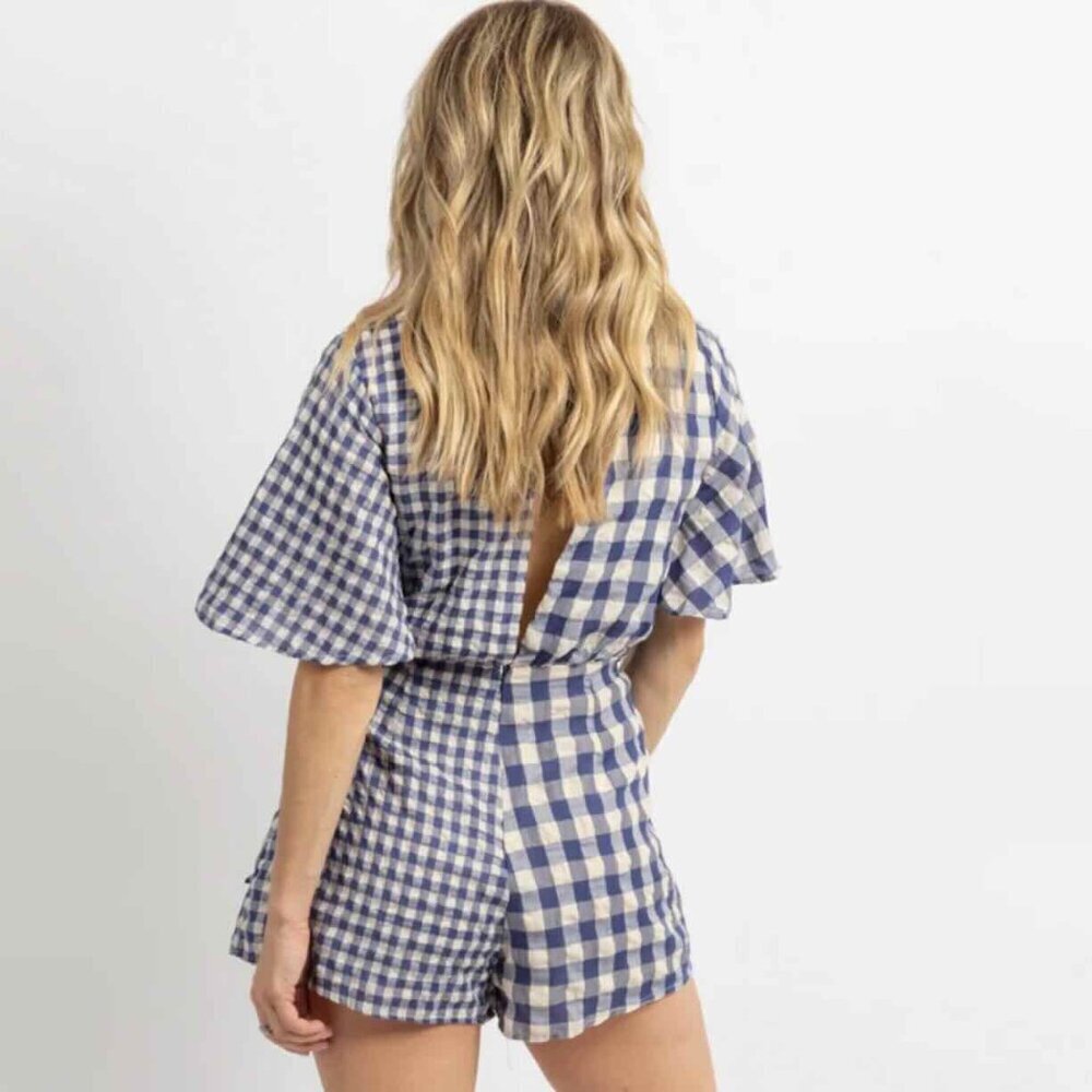 NWOT Talulah Wrap Gingham Romper Shorts Blue V Neck Short Sleeve Boho Sz Small - Picture 4 of 13